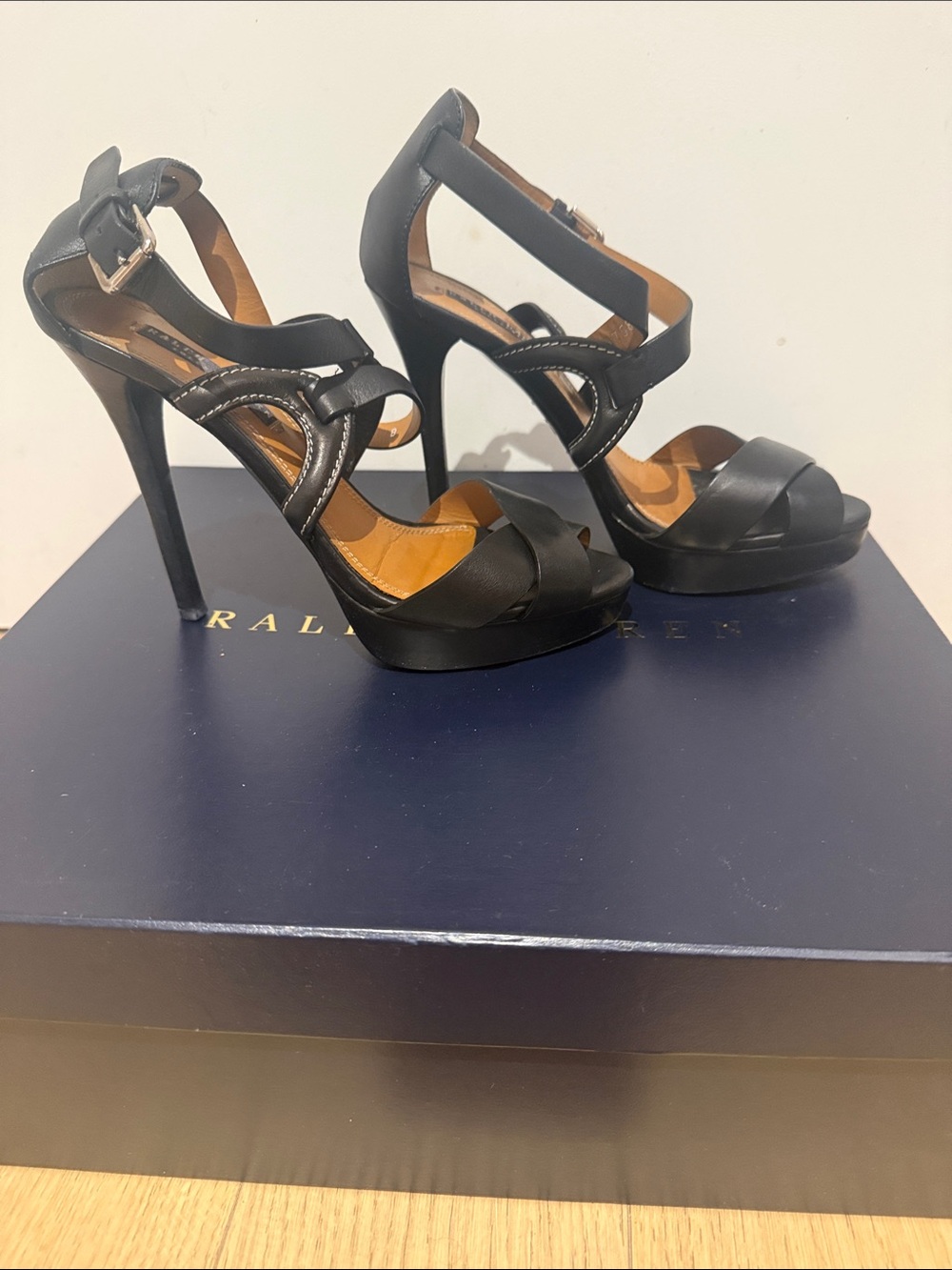 Ralph Lauren Collection Black Leather Strappy High Heel Sandals